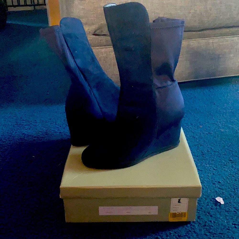 Navy Blue calf suede/stretch boots. Wedge heel